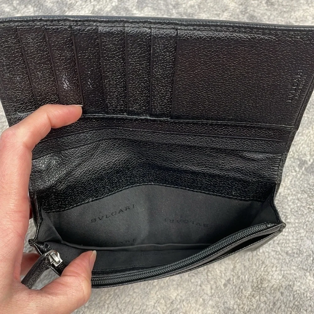 Bvlgari Ribbed Nylon Long Bifold Wallet Black Branded Plaque Designer